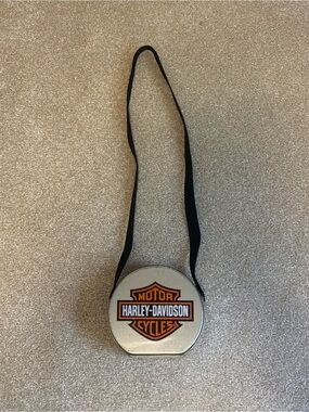 Vintage Harley-Davidson Silver Round Crossbody with Black Strap and Orange Logo